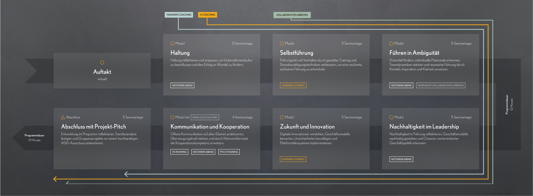 Grafik zum Ablauf des TLP. Das TLP besteht aus insgesamt 6 Bausteinen mit 31 Präsenztagen, die Sie innerhalb von 12 Monaten durchlaufen.